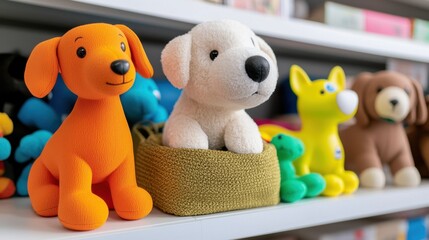 Colorful plush toys of dogs and other animals arranged on a shelf in a playful and vibrant setting