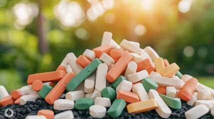 Colorful Chalk Sticks Piled on Black Gravel with Sunlight in Background Creating Vibrant Outdoor Atmosphere
