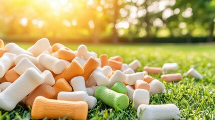 Colorful Packing Peanuts Piled on Lush Green Grass in Bright Sunlight During Summer