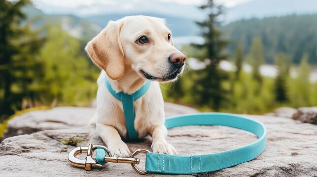 Cute yellow labrador retriever dog sits on rock in scenic outdoor landscape with leash and harness attached