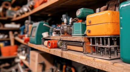 Vintage Hand Tools and Collectible Equipment on Rustic Wooden Shelf in Workshop Environment