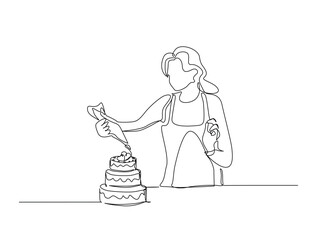 Continuous line art drawing of woman cooking sweat cake. Pastry chef preparing sweat cake in single line art drawing vector illustration. Editable stroke.