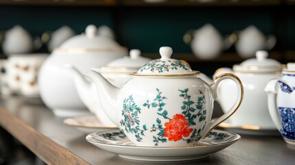 Elegant China Teapot with Floral Design Displayed on a Wooden Shelf with Other Teapots in a Serene Setting