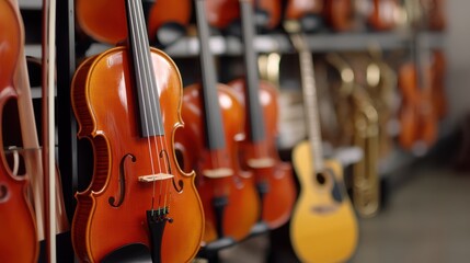 Colorful Collection of Violins and Guitars Displayed Neatly in a Music Store Showroom for Musical Enthusiasts