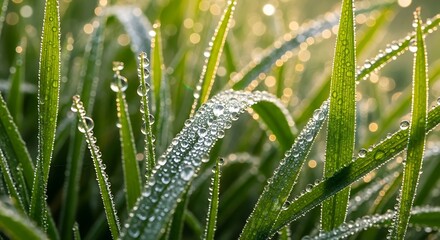 Sunlit morning dew drops sparkling on lush green grass blades, creating a serene and fresh natural background