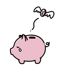 線画　泣いている豚の貯金箱と飛んでいくお金　ピンク