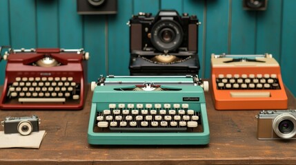 Vintage Typewriters and Cameras on a Wooden Table in a Retro Style Arrangement and Colorful Background
