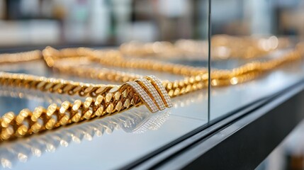 Elegant Gold Chain with Diamond Accents Displayed in Luxurious Jewelry Store Setting for Sophisticated Shoppers