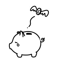 線画　泣いている豚の貯金箱と飛んでいくお金