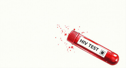 Red blood test tube sample labeled for HIV test on white background  