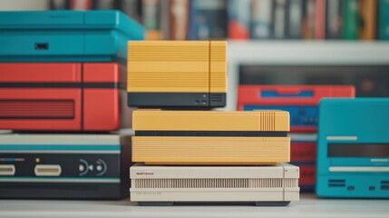 Colorful Retro Gaming Consoles Displayed on Shelf with Books in Background