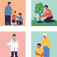 Diverse community service illustrations: education environment healthcare and intergenerational support.
