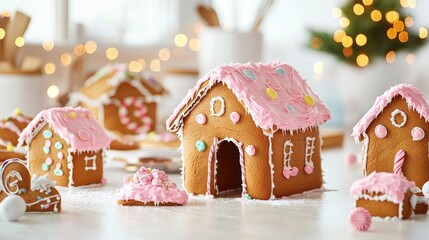 Delight in a whimsical pink Christmas with beautifully decorated gingerbread houses creating a charming holiday atmosphere perfect for festive celebrations and delightful treats.