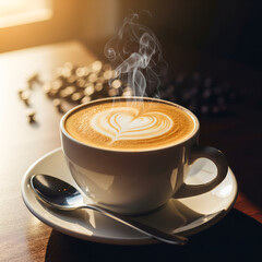 "Steaming cup of hot latte coffee with heart-shaped latte art in cozy warm morning sunlight, perfect for café, breakfast, lifestyle, relaxation, love, and warm beverage concepts"