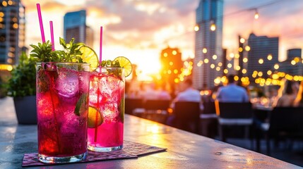 Refreshing pink cocktails served against a stunning sunset backdrop, perfect for summer gatherings and outdoor events, capturing the essence of relaxation and enjoyment.