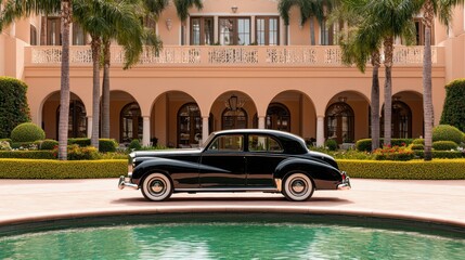 Classic black vintage car parked near luxurious mansion surrounded by beautifully landscaped garden and pool