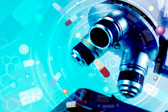 Microscope close up with digital capsule pills and molecular structures for pharmaceutical science research