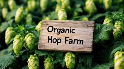Organic Hop Farm Sign Among Lush Green Hops in a Vibrant Agricultural Setting