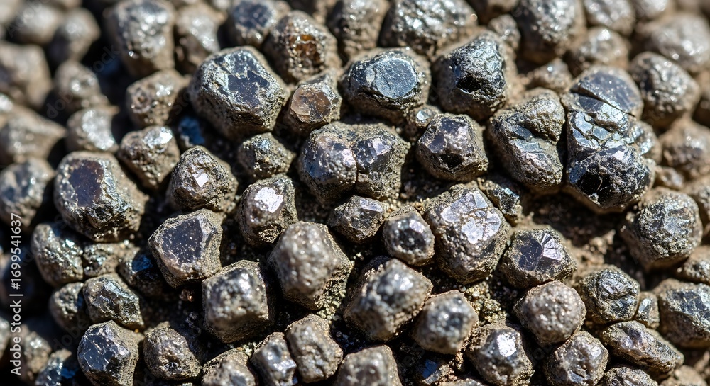 Poster cluster of sparkling almandine garnets with natural soil matrix texture