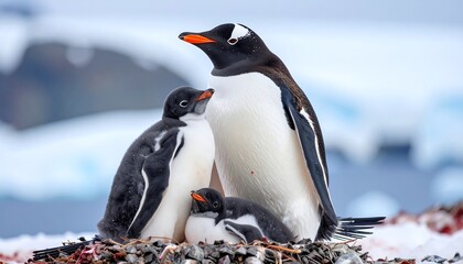 Penguins family in snowy landscape