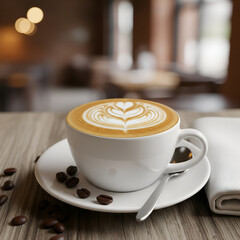 Delicious cappuccino with elegant heart-shaped latte art served in white cup on wooden table with coffee beans, cozy café atmosphere, perfect for menu design, lifestyle, or morning inspiration.