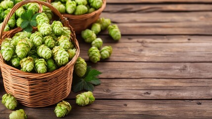 Freshly Harvested Green Hops in Woven Baskets on Rustic Wooden Background for Brewing and Culinary Uses