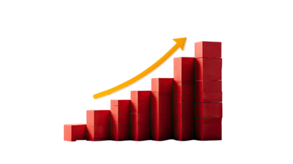 Red brick-like blocks form a rising graph, a bright yellow upward-pointing arrow indicating growth