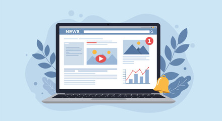 Online News: Laptop Displaying News Articles and Notifications