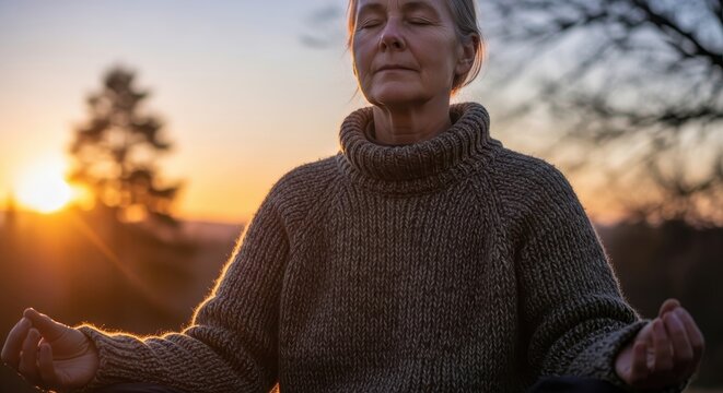Serene Senior Woman Meditating Outdoors at Sunset