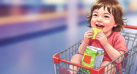 Happy child eating snack while sitting in shopping cart indoors  