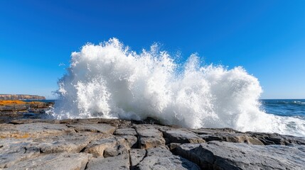 Majestic Ocean Wave Crashing on Rocky Shore Under Clear Blue Sky on a Bright Sunny Day