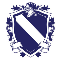 Elegant heraldic shield design featuring helmet banner and flourishes in classic dark blue