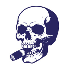 Obraz premium Intricate vector illustration of a skull smoking a cigar in a distinctive blue and white design