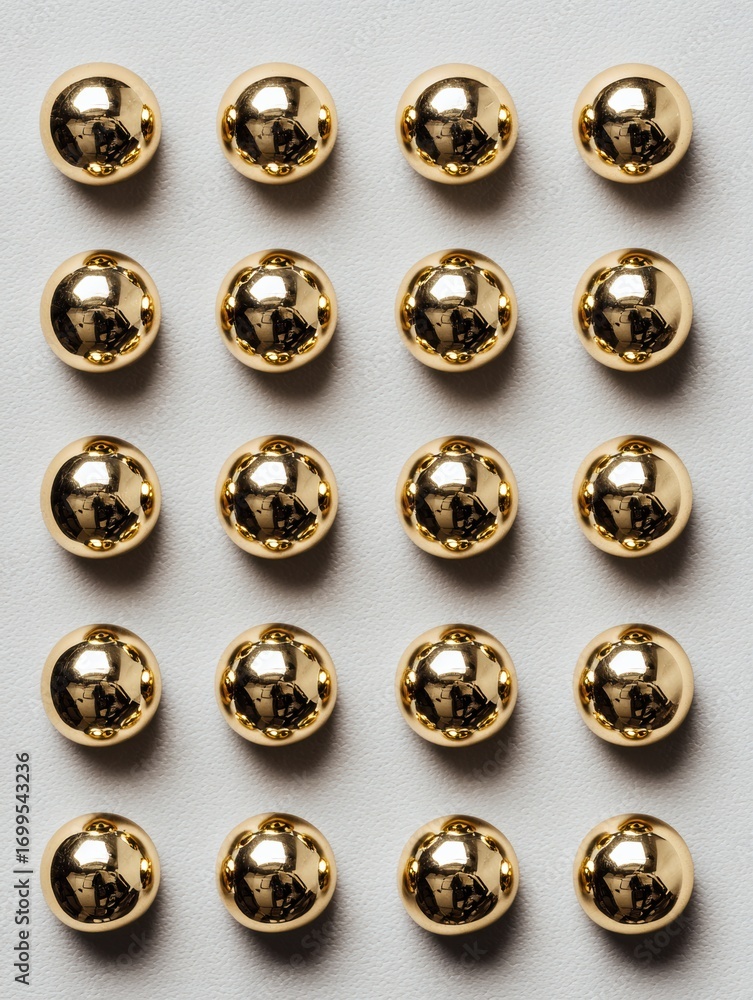 Poster close-up view of shiny golden balls arranged in a grid on a light background