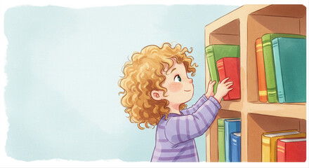 Young girl reaching for books in library. Child putting books on wooden shelf 