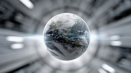 Futuristic earth sphere floating in digital space, glowing lights, global network, technology, innovation, modern, dynamic