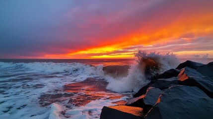 Vibrant Sunset Over Ocean Waves Breaking Against Rocks at Coastal Landscape