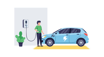 Electric vehicle charging at home station featuring modern design and sustainable energy. Ideal for illustrating green transportation, eco-friendly lifestyle, and renewable energy solutions.