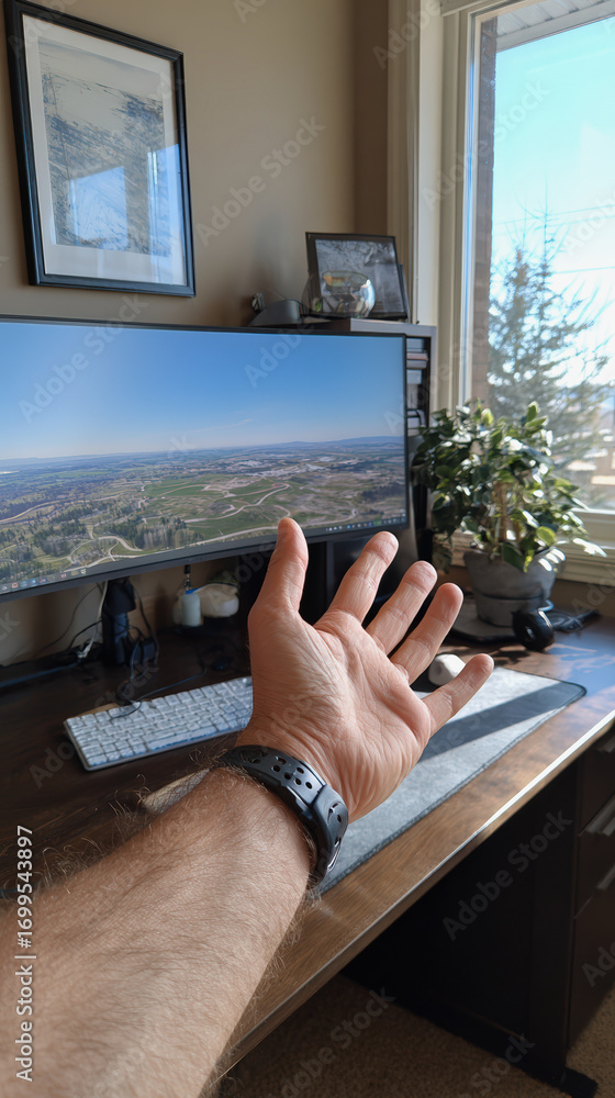 Poster hand extending towards computer screen in home office, showcasing scenic view outside window, creati