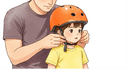 father helping child put on helmet. Dad fastening orange helmet on son in casual indoor setting  