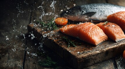 Fresh salmon fish with vibrant fillets on rustic wooden board, splashing water, showcasing seafood’s natural beauty