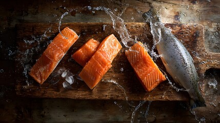 Fresh salmon fish with vibrant fillets on rustic wooden board, splashing water, showcasing seafood’s natural beauty