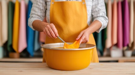 Person Mixing Colorful Fabric in Yellow Bowl at Creative Studio with Bright Background Textiles