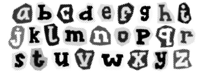 Black halftone alphabet. Retro pixelated lowercase font design. Comic pop art cut out letters. Grunge textured dotted abc. Old newspapers typography set. Rasterized bitmap English alphabet. Vector