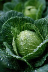 Fototapeta premium Close-up of a green cabbage with water drops on its leaves, growing in a garden. macro photography captures the natural, organic food concept.