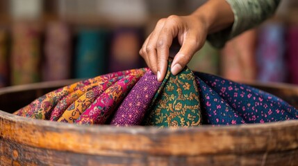 Hand Selecting Colorful Fabrics from a Wooden Bowl in a Textile Shop, Showcasing Patterns and Textures