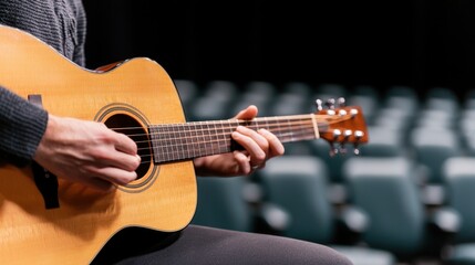 Obraz premium Close-Up of Person Playing Acoustic Guitar on Stage with Empty Seats in Soft Focus Background