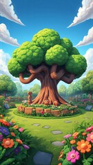 Whimsical Tree in Vibrant Garden
