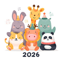 Cute cartoon animals with 2026 text in playful style on white background.