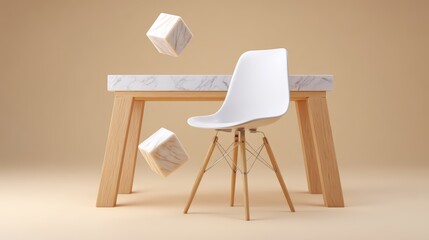 Fototapeta premium Ultra-detailed 3D workspace with a sleek white marble desk, a framed motivational quote in clean font, warm cozy lighting, floating geometric shapes in soft ivory, neutral cream background, delicate